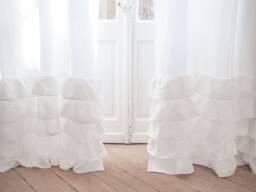 White Linen Ruffled Curtain Panel, Stonewashed Medium Weight