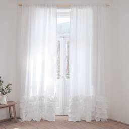 White Linen Ruffled Curtain Panel, Stonewashed Medium Weight - thumbnail 2