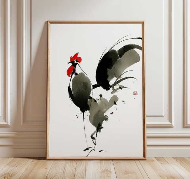 Japanese Rooster Ink Art, Minimalist Animal Print, Modern Zen Wall Asian Brush Painting, Black & Red Home Decor Poster - image 1