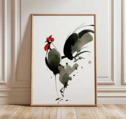 Japanese Rooster Ink Art, Minimalist Animal Print, Modern Zen Wall Asian Brush Painting, Black & Red Home Decor Poster - thumbnail 1