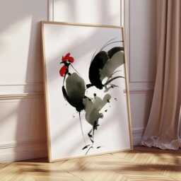 Japanese Rooster Ink Art, Minimalist Animal Print, Modern Zen Wall Asian Brush Painting, Black & Red Home Decor Poster - thumbnail 2