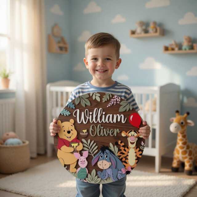 Winnie The Pooh Personalized Wooden Name Sign, Safari Nursery Wall Decor, Jungle Animals, Custom Kids Art, Piglet Eeyore Tigger - image 1