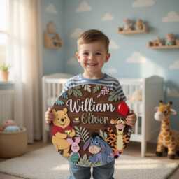 Winnie The Pooh Personalized Wooden Name Sign, Safari Nursery Wall Decor, Jungle Animals, Custom Kids Art, Piglet Eeyore Tigger - thumbnail 1
