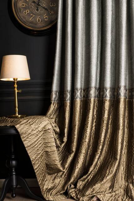 Damask Striped Curtain Panel Gray & Brown Embossed Fabric - image 1