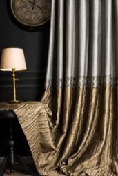 Damask Striped Curtain Panel Gray & Brown Embossed Fabric - thumbnail 1
