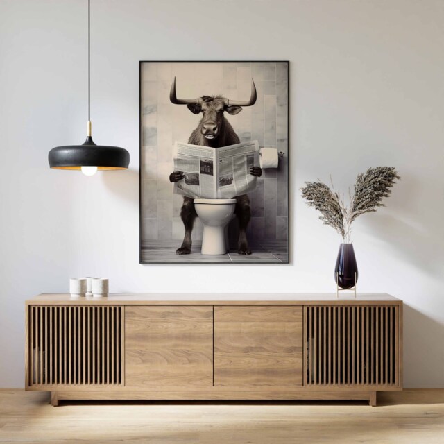 Cow On Toilet Reading Newspaper, Funny Bathroom Poster, Print, Animal Toilet, Decor - image 1
