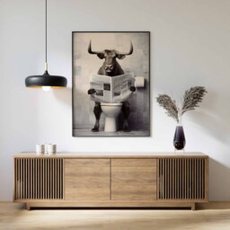 Cow On Toilet Reading Newspaper, Funny Bathroom Poster, Print, Animal Toilet, Decor - thumbnail 1