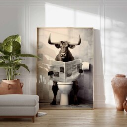 Cow On Toilet Reading Newspaper, Funny Bathroom Poster, Print, Animal Toilet, Decor - thumbnail 2