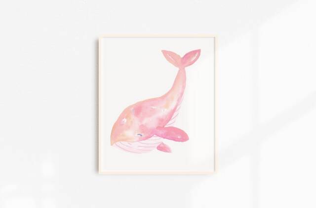 Pink Whale Wall Art, Watercolor Painting, Artwork, Under The Sea Decor, Girls Room Boys Creature Painting - image 1