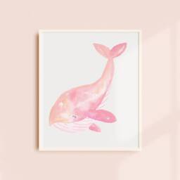 Pink Whale Wall Art, Watercolor Painting, Artwork, Under The Sea Decor, Girls Room Boys Creature Painting - thumbnail 2