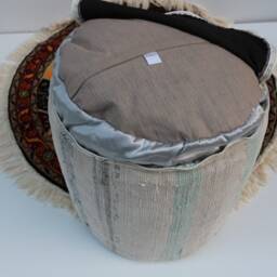 Handmade Kilim Pouf, Beige Cotton Ottoman, Turkish Floor Cushion - thumbnail 4