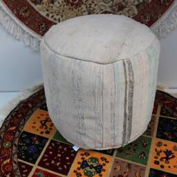 Handmade Kilim Pouf, Beige Cotton Ottoman, Turkish Floor Cushion - thumbnail 3