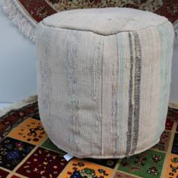 Handmade Kilim Pouf, Beige Cotton Ottoman, Turkish Floor Cushion - thumbnail 2