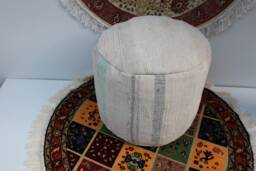 Handmade Kilim Pouf, Beige Cotton Ottoman, Turkish Floor Cushion