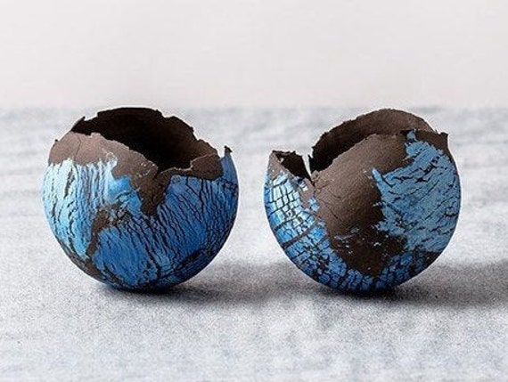 Set Of 2 Medium Blue & Black Ceramic Planters, Contemporary Pots - image 1