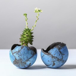 Set Of 2 Medium Blue & Black Ceramic Planters, Contemporary Pots - thumbnail 2