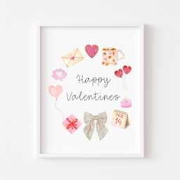 Valentines Day Print, Happy Red Pink Wreath Unframed Wall Art - thumbnail 1