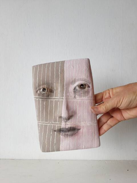 Pink & Gray Ceramic Face Wall Sculpture - image 1