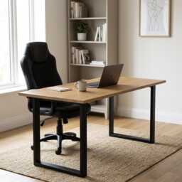 Solid Oak Office Desk Black Metal Legs, Modern Hardwood