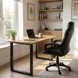 Solid Oak Office Desk Black Metal Legs, Modern Hardwood - thumbnail 3