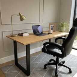 Solid Oak Office Desk Black Metal Legs, Modern Hardwood - thumbnail 2