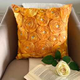"Art Silk Orange Ribbon Embroidered Rose Decorative Throw Pillow Cover, 16""x16"