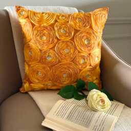 "Art Silk Orange Ribbon Embroidered Rose Decorative Throw Pillow Cover, 16""x16" - thumbnail 3