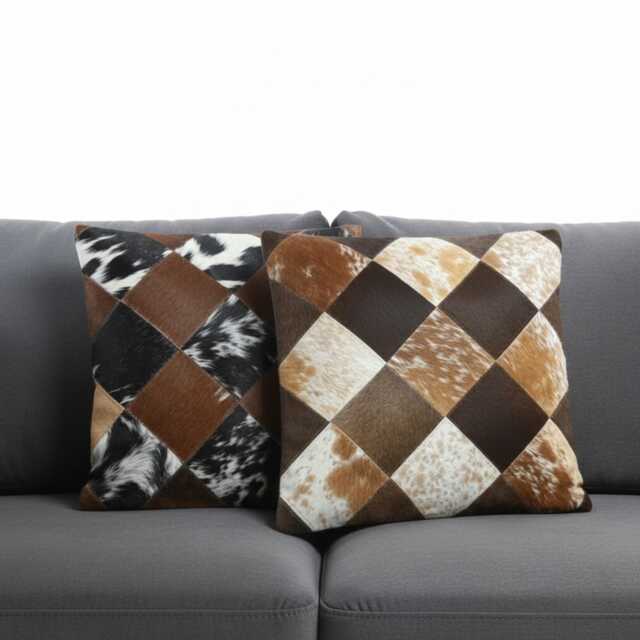 Set Of 2 Cowhide Patchwork Cushion Covers, Geometric Hair-On Hide Leather Pillow Cases - image 1