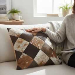 Set Of 2 Cowhide Patchwork Cushion Covers, Geometric Hair-On Hide Leather Pillow Cases - thumbnail 4