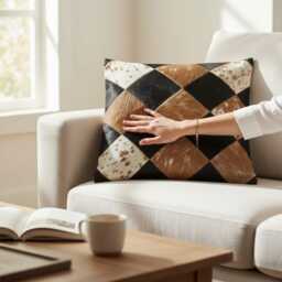 Set Of 2 Cowhide Patchwork Cushion Covers, Geometric Hair-On Hide Leather Pillow Cases - thumbnail 2