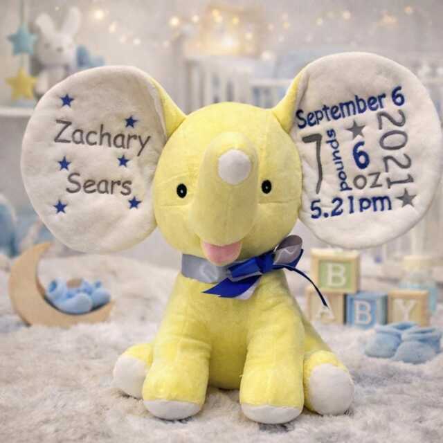 Personalised Embroidered Plush Elephant, Baby Shower Gift, Lemon Yellow, New Baby, Christening, Personalized - image 1