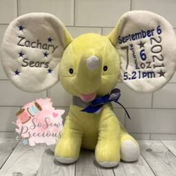 Personalised Embroidered Plush Elephant, Baby Shower Gift, Lemon Yellow, New Baby, Christening, Personalized - thumbnail 2