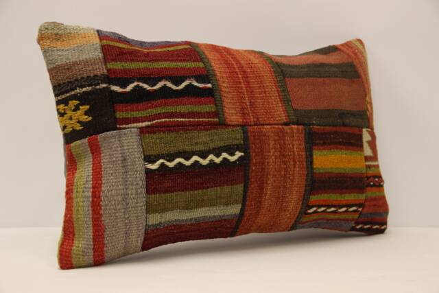 Turkish Kilim Pillow Cover, Patchwork Wool Lumbar Cushion - 12x20 In - image 1