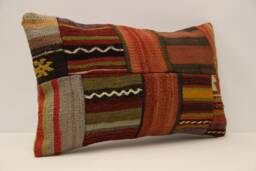 Turkish Kilim Pillow Cover, Patchwork Wool Lumbar Cushion - 12x20 In