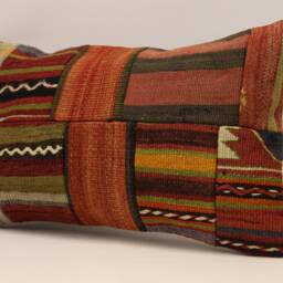 Turkish Kilim Pillow Cover, Patchwork Wool Lumbar Cushion - 12x20 In - thumbnail 3