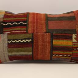 Turkish Kilim Pillow Cover, Patchwork Wool Lumbar Cushion - 12x20 In - thumbnail 2
