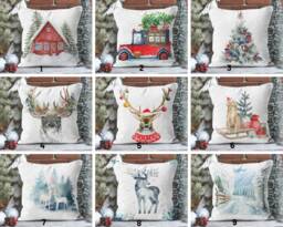Christmas Pillow Cover/New Year Red Home & Car, Glass Tree Pillowcase/Winter Deer Cushion Case/Winter View Cover
