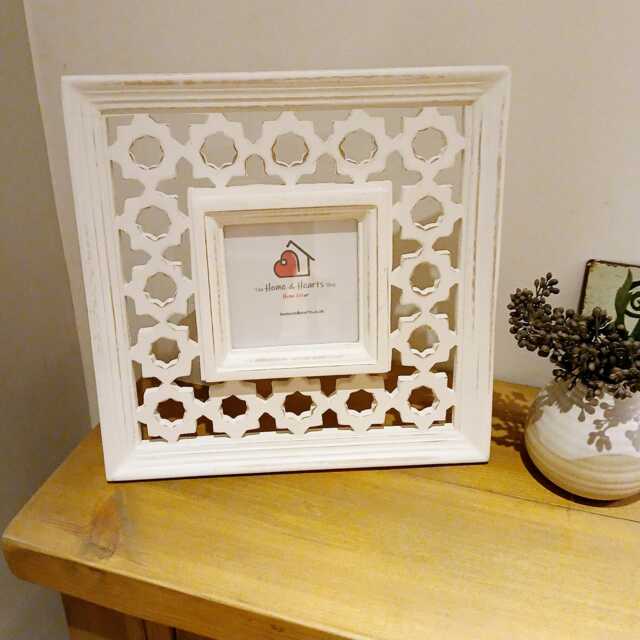Large Geometric Carved Mango Wooden Photo Frame - The Home & Hearts Shop Rustic Shabby Wedding Gift Christmas Picture - image 1
