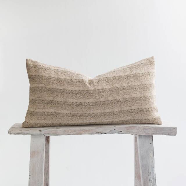 Woven Lumbar Pillow Cover, Light Brown Striped Cotton, Bamboo Reverse - image 1