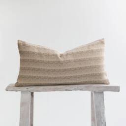 Woven Lumbar Pillow Cover, Light Brown Striped Cotton, Bamboo Reverse - thumbnail 1