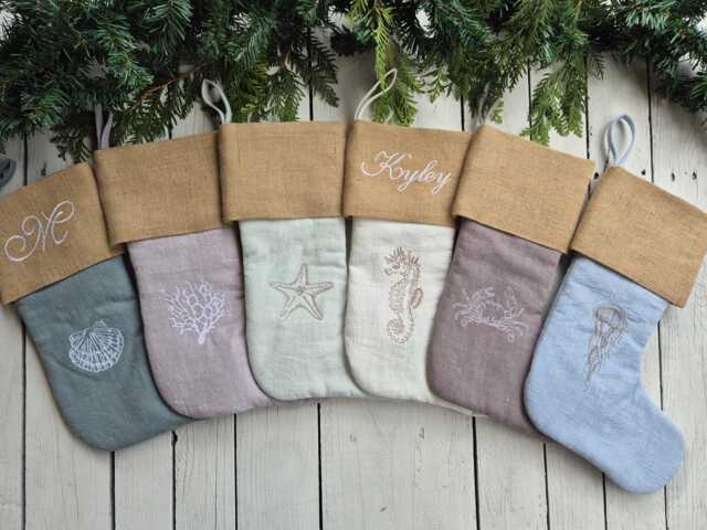 Coastal Christmas Stockings, Marine Life Stockings, Pure Linen Stocking, Burlap
