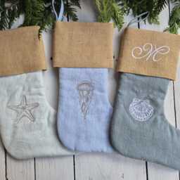 Coastal Christmas Stockings, Marine Life Stockings, Pure Linen Stocking, Burlap - thumbnail 2
