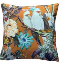 Orange Cushion Cover Tropical Rainforest With White Royal Cockatoos & Exotic Flowers - thumbnail 1