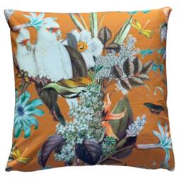 Orange Cushion Cover Tropical Rainforest With White Royal Cockatoos & Exotic Flowers - thumbnail 2