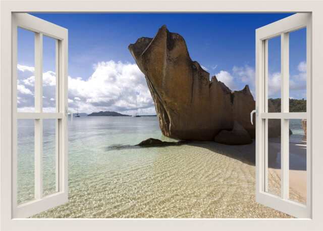 Sea View Seychelles Wall Decal, Shore Sticker, 3D Window Nature Living Room Bedroom Home Decor Mural