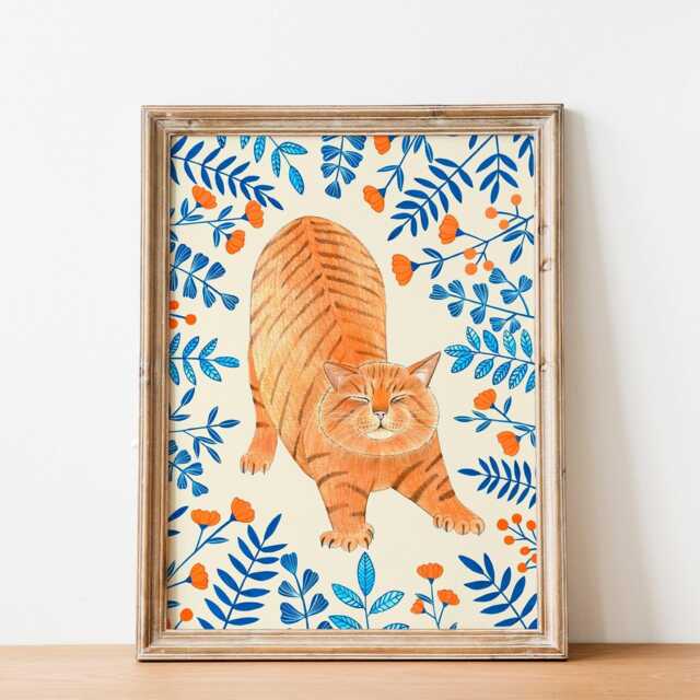 Orange Cat Wall Art Whimsical Floral Illustration, Cats Lover Gift - image 1