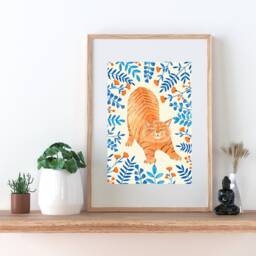 Orange Cat Wall Art Whimsical Floral Illustration, Cats Lover Gift - thumbnail 3