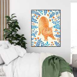 Orange Cat Wall Art Whimsical Floral Illustration, Cats Lover Gift - thumbnail 2