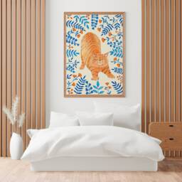 Orange Cat Wall Art Whimsical Floral Illustration, Cats Lover Gift - thumbnail 4