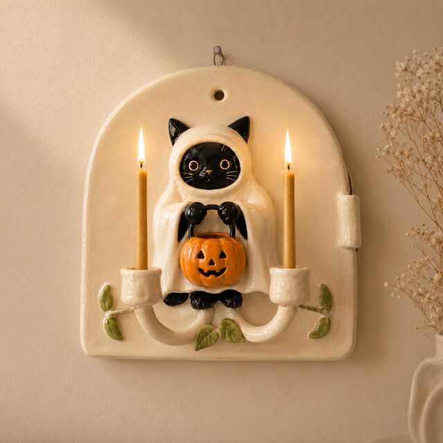Halloween Cat Wall Candle Holder, Handmade Ceramic Sconce, Ghost Pumpkin Taper Decor, Fall Art Gift - image 1